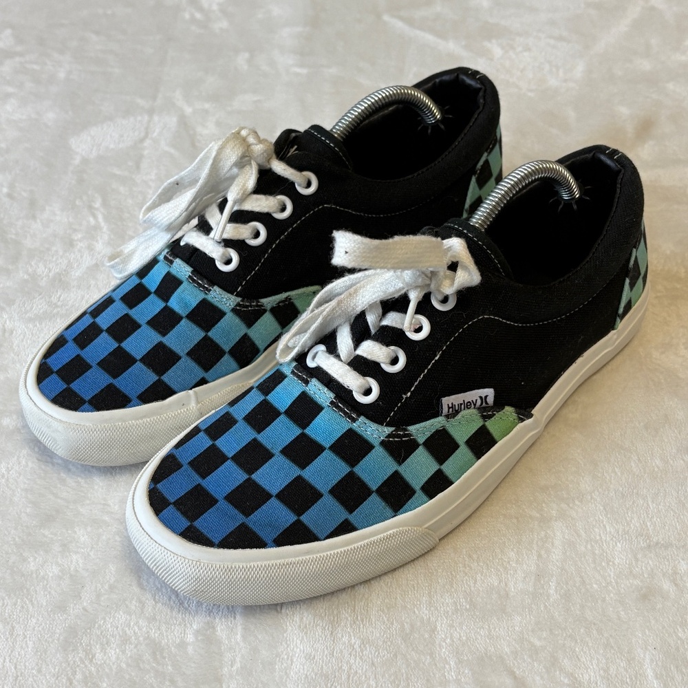 Hurley Shaka Skate Shoe Mens Size 6 Women's 8 Black Blue Checkered Sneaker